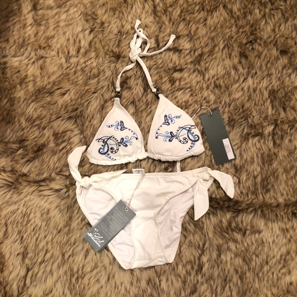 NWT 1 Sol bikini white with blue paisley pattern
